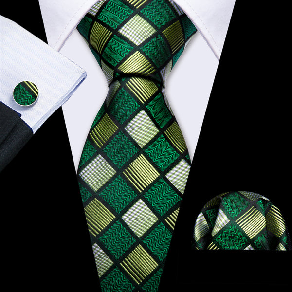 Grass Green lime Plaid Men's Necktie Pocket Square Cufflinks Set