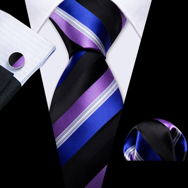 Black Blue Purple Striped Men's Necktie Pocket Square Cufflinks Set