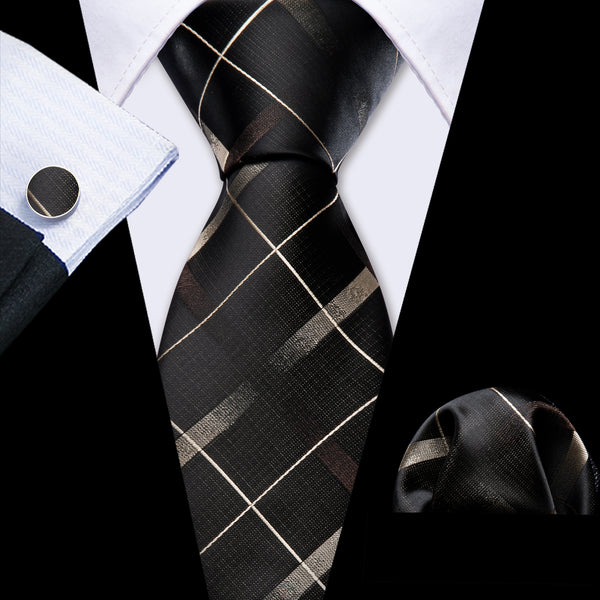 Black Brown White Plaid Men's Necktie Pocket Square Cufflinks Set