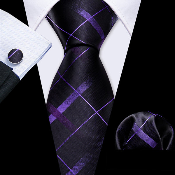 Black Purple Plaid Men's Necktie Pocket Square Cufflinks Set