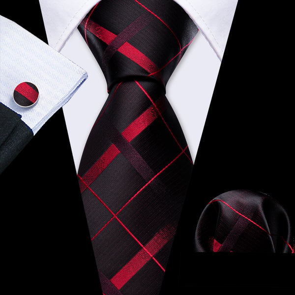 Black Red Plaid Men's Necktie Pocket Square Cufflinks Set