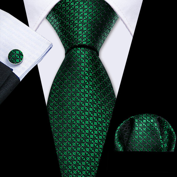 Dark Green Geometric Men's Necktie Pocket Square Cufflinks Set