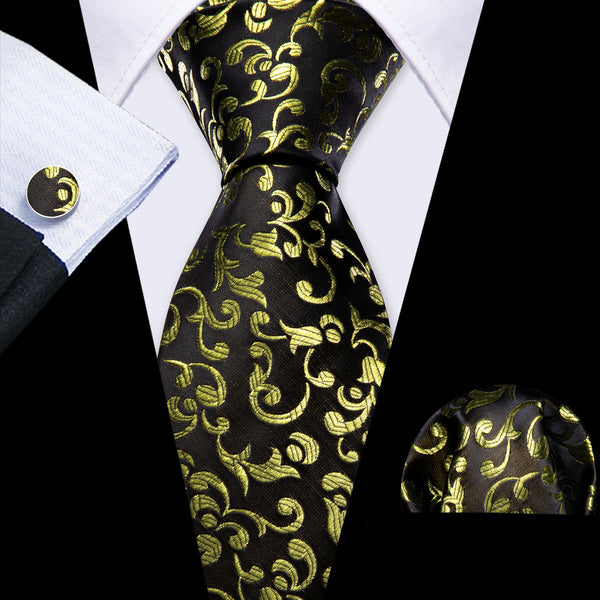 Black Pale Green Floral Men's Necktie Pocket Square Cufflinks Set