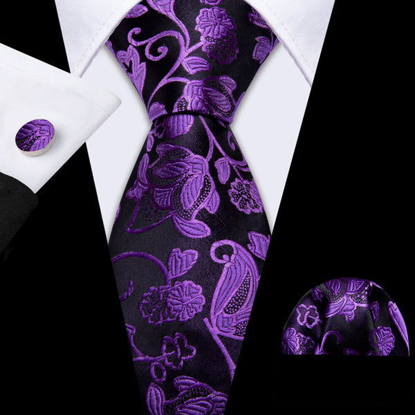 Black Purple Floral Men's Necktie Pocket Square Cufflinks Set