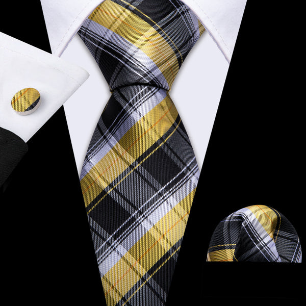 Grey Yellow White Plaid Men's Necktie Pocket Square Cufflinks Set