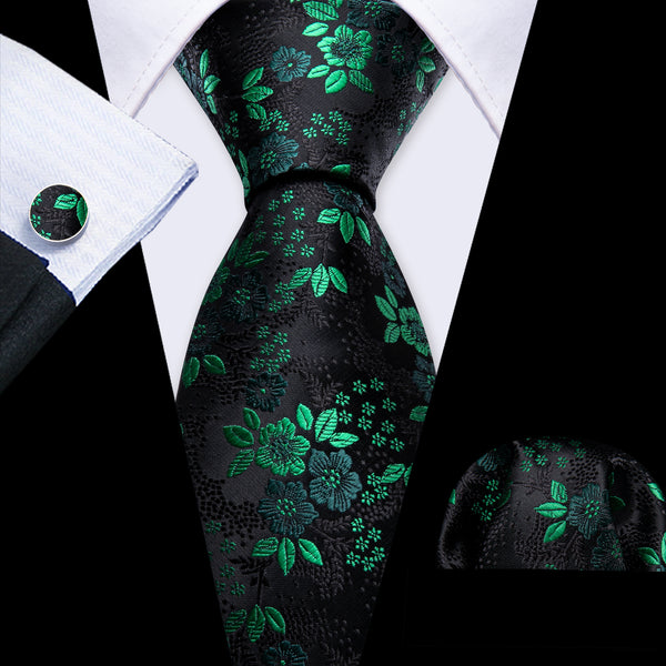 Black Green Little Flower Men's Necktie Pocket Square Cufflinks Set