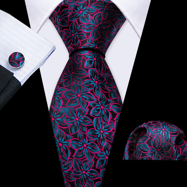 Black Purple Blue Floral Men's Necktie Pocket Square Cufflinks Set