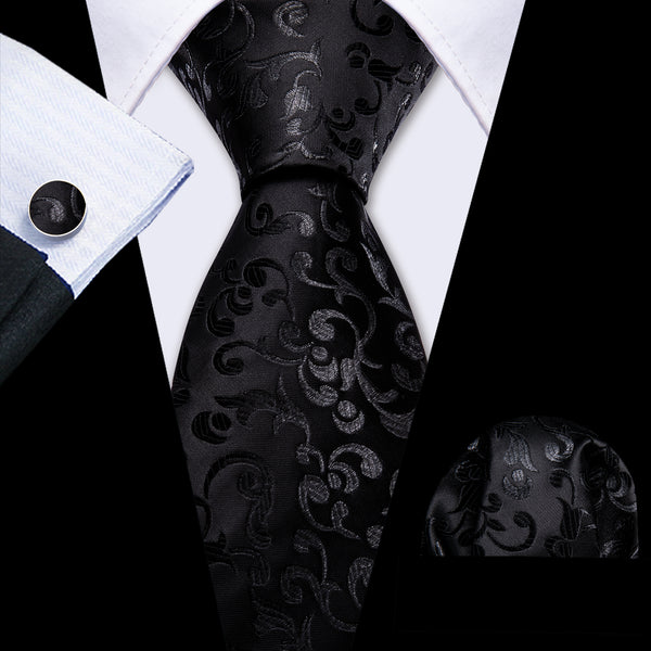 Black Leaves Floral Men's Necktie Pocket Square Cufflinks Set