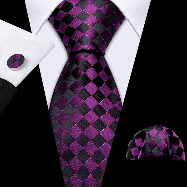 Purple Black Plaid Men's Necktie Pocket Square Cufflinks Set