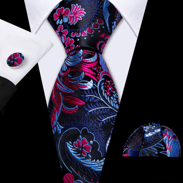 Black Blue Hot Pink Chrysanthemum Floral Men's Necktie Pocket Square Cufflinks Set