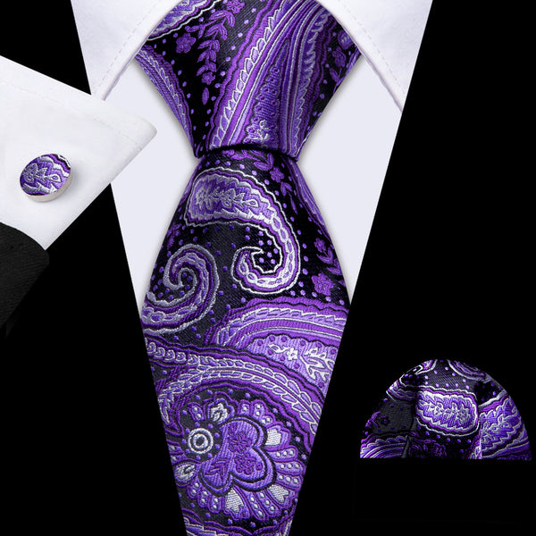 Black Purple Paisley Men's Necktie Pocket Square Cufflinks Set