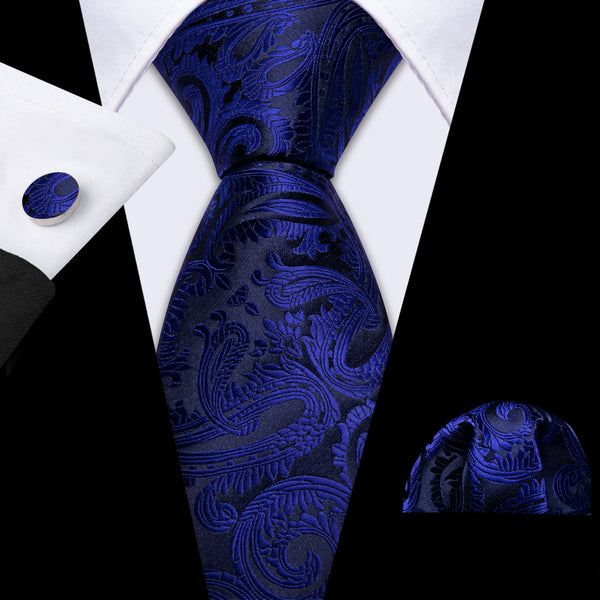 DarkBlue Paisley Silk Necktie Pocket Square Cufflinks Set