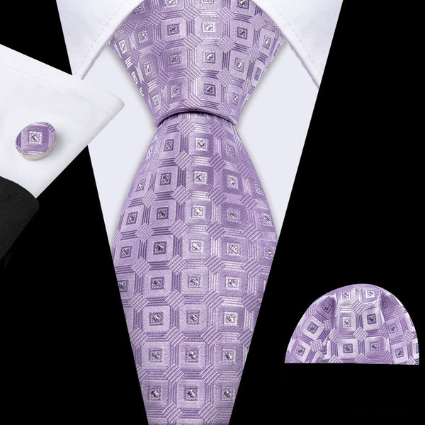 Mist Violet Geometric Men's Necktie Pocket Square Cufflinks Set