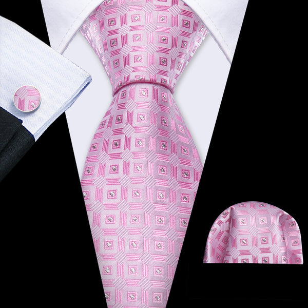 Pink Geometric Men's Necktie Pocket Square Cufflinks Set