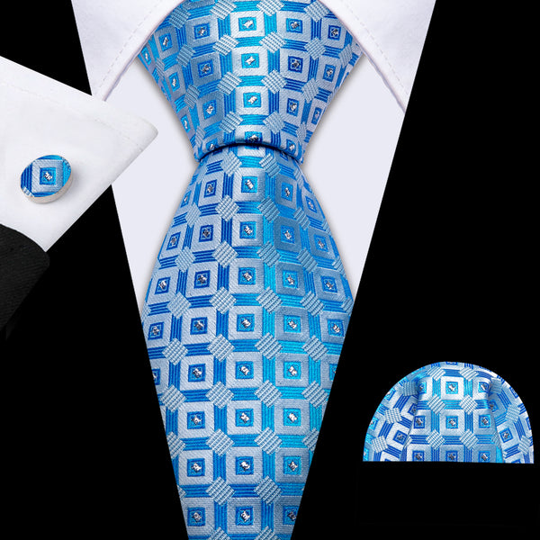 Sky Blue Geometric Men's Necktie Pocket Square Cufflinks Set