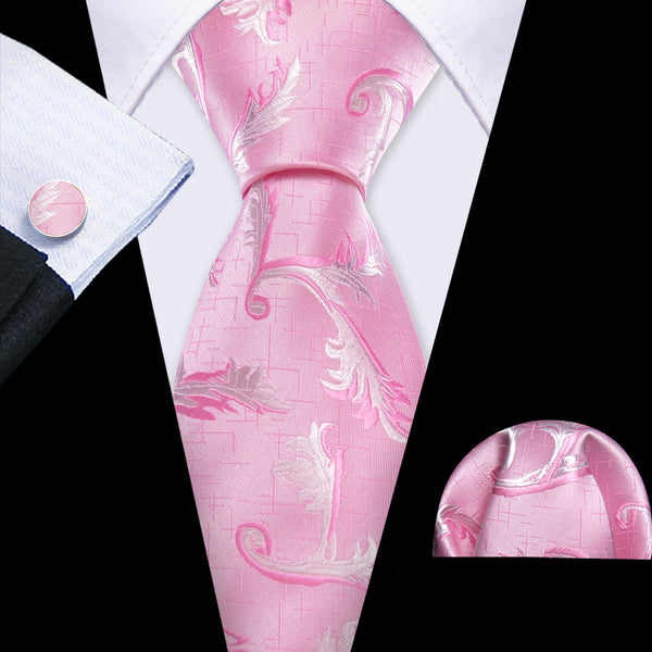 Pink Sliver Floral Men's Necktie Pocket Square Cufflinks Set