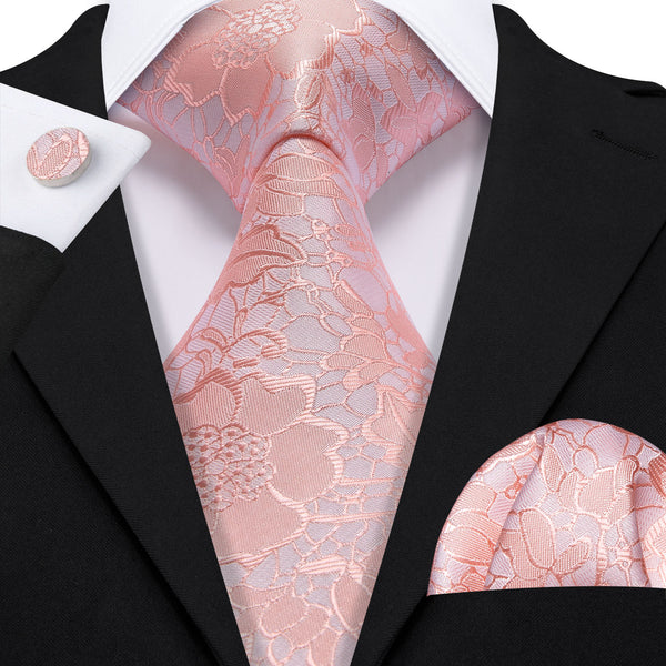 Pink Floral Men's Necktie Pocket Square Cufflinks Set