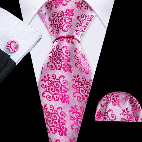 Rose Red Floral Men's Necktie Pocket Square Cufflinks Set