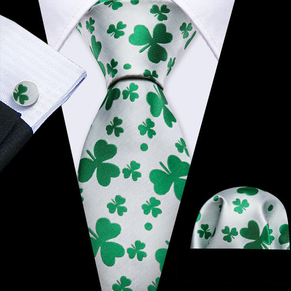 White Green Clover Botanical Men's Necktie Pocket Square Cufflinks Set