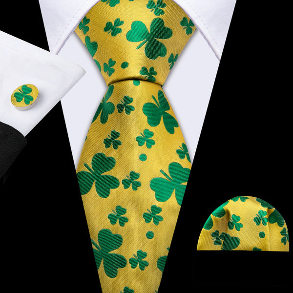 Yellow Green Clover Botanical Men's Necktie Pocket Square Cufflinks Set