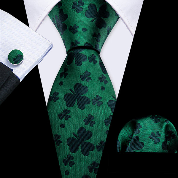 Green DarkGreen Clover Botanical Men's Necktie Pocket Square Cufflinks Set