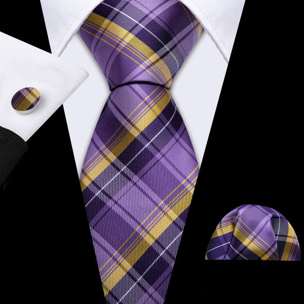 Purple Yellow White Black Plaid Men's Necktie Pocket Square Cufflinks Set
