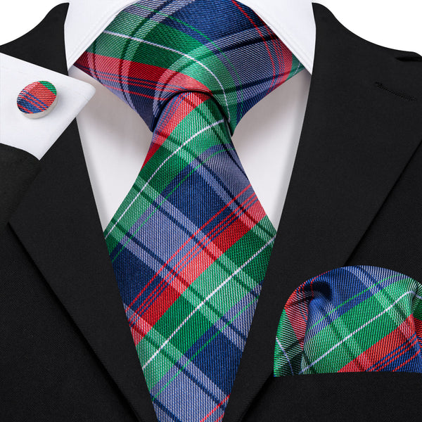 Blue Red Green Plaid Men's Necktie Pocket Square Cufflinks Set