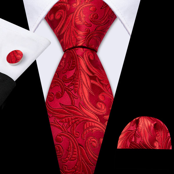 Red Floral Men's Necktie Pocket Square Cufflinks Set