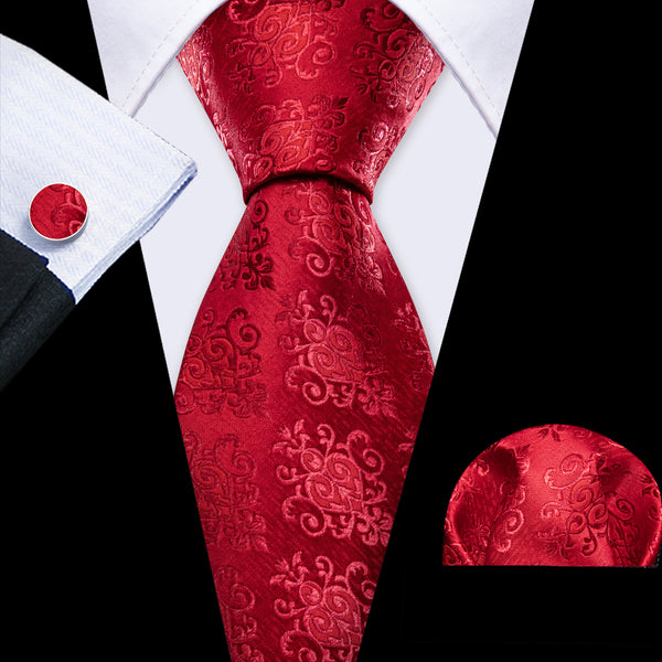 Tomato Red Floral Men's Necktie Pocket Square Cufflinks Set