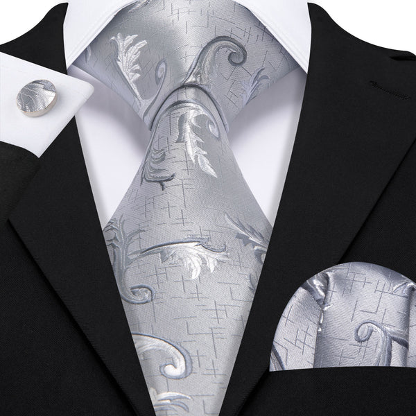 Silver Floral Classic Men's Necktie Pocket Square Cufflinks Set