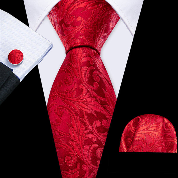 Strong Red Leaves Floral Men's Necktie Pocket Square Cufflinks Set