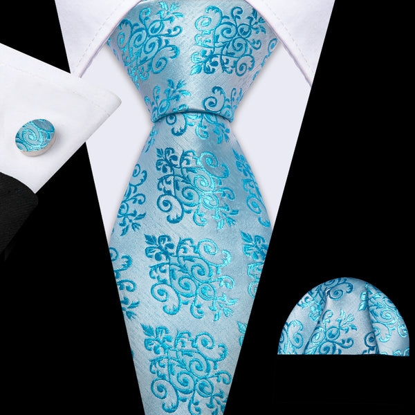 DeepSkyBlue Floral Men's Necktie Pocket Square Cufflinks Set