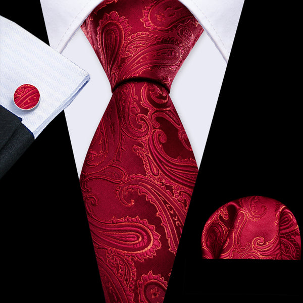 Dark Red Paisley Men's Necktie Pocket Square Cufflinks Set