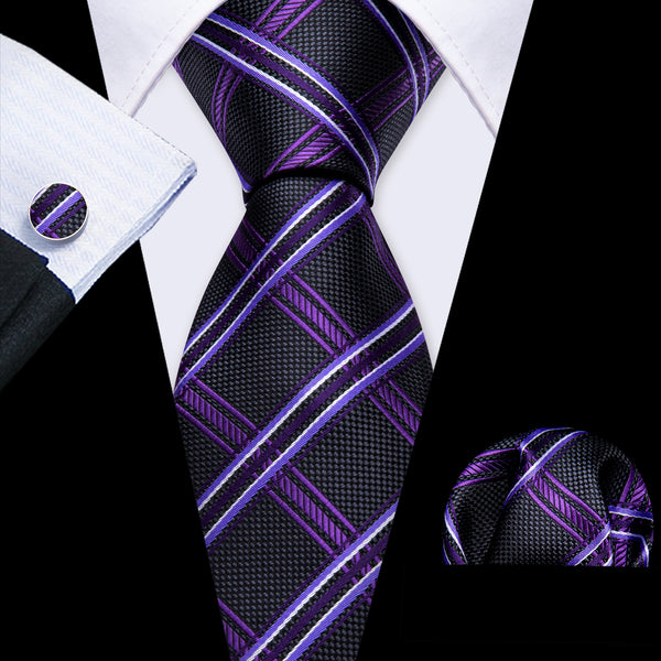 Black Purple Plaid Men's Necktie Pocket Square Cufflinks Set