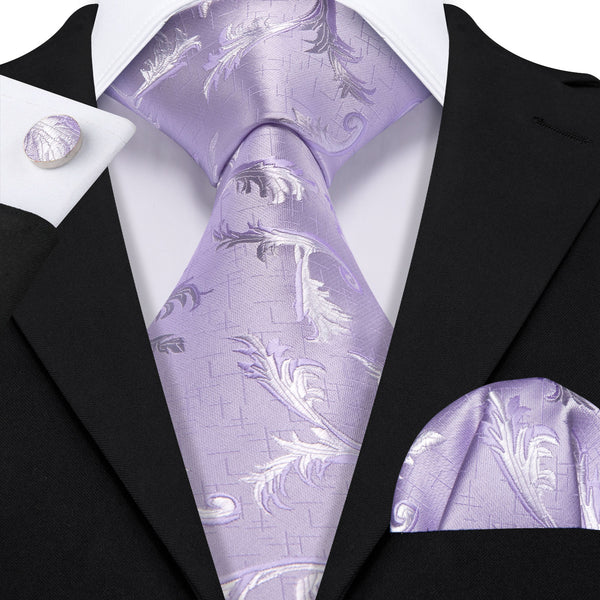 Light Purple Leaves Floral Men's Necktie Pocket Square Cufflinks Set