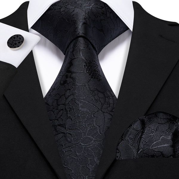 Black Floral Men's Necktie Pocket Square Cufflinks Set