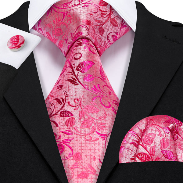 PaleVioletRed Leaves Floral Men's Necktie Pocket Square Cufflinks Set