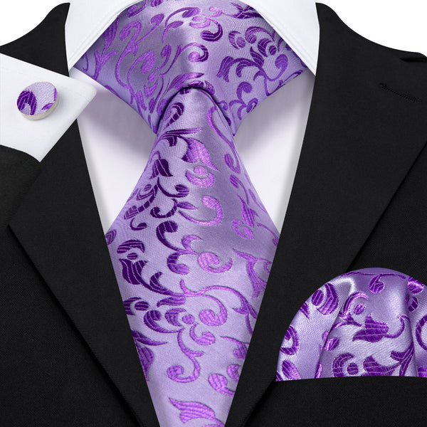 MediumPurple Leaves Floral Men's Necktie Pocket Square Cufflinks Set