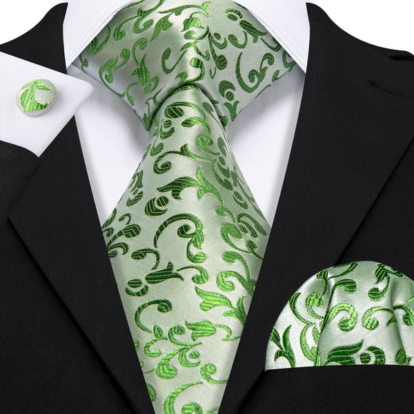 DarkSeaGreen Leaves Floral Men's Necktie Pocket Square Cufflinks Set