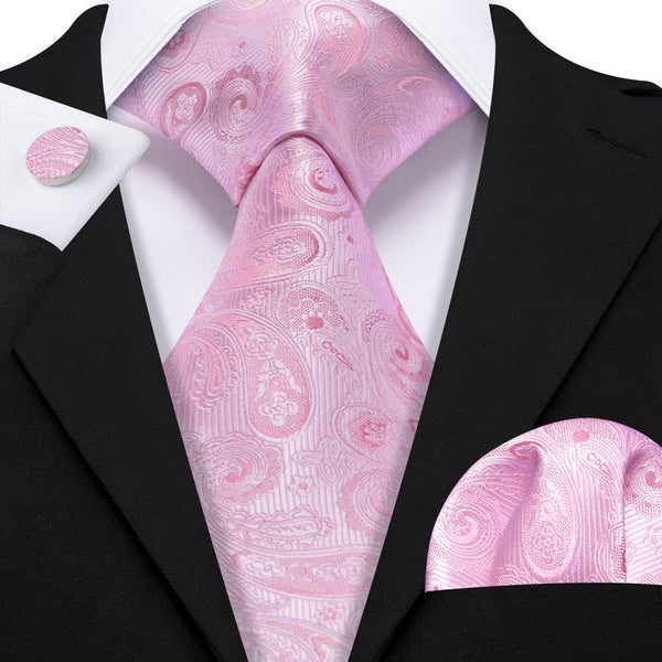 Light Pink Paisley Men's Necktie Pocket Square Cufflinks Set
