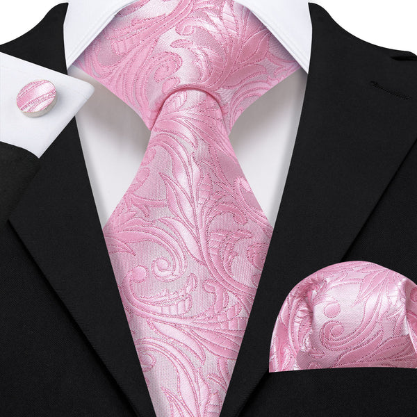 Light Pink Floral Men's Necktie Pocket Square Cufflinks Set