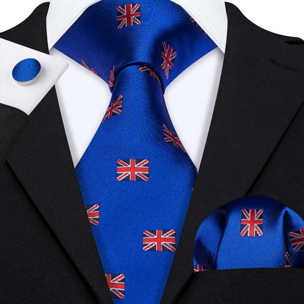 Cobalt Blue England Flag Tie Novelty Men's Necktie Pocket Square Cufflinks Set