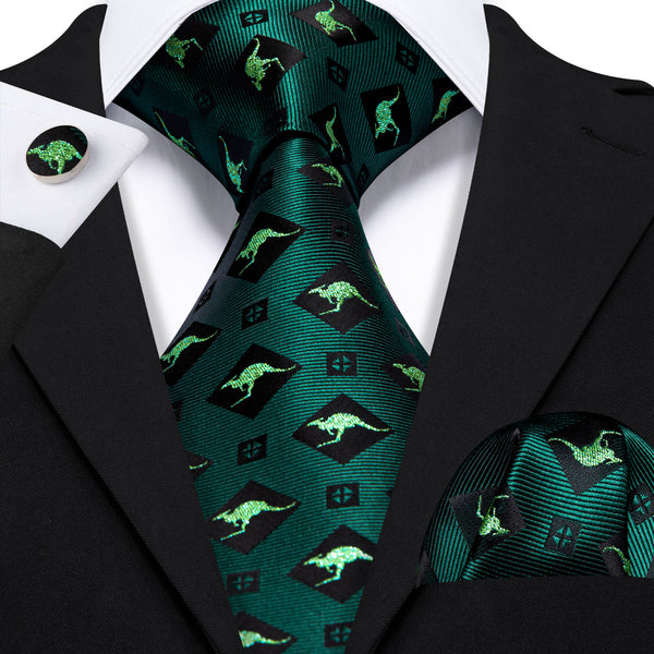 Dark Green Animals kangaroo Silk Men's Necktie Pocket Square Cufflinks Set with Clip