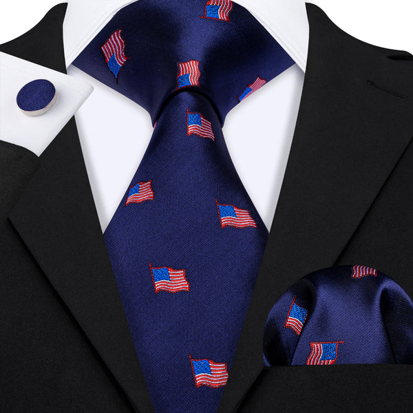 Ties2you American Flag Tie Navy Blue Novelty Tie Men's Necktie Pocket Square Cufflinks Set