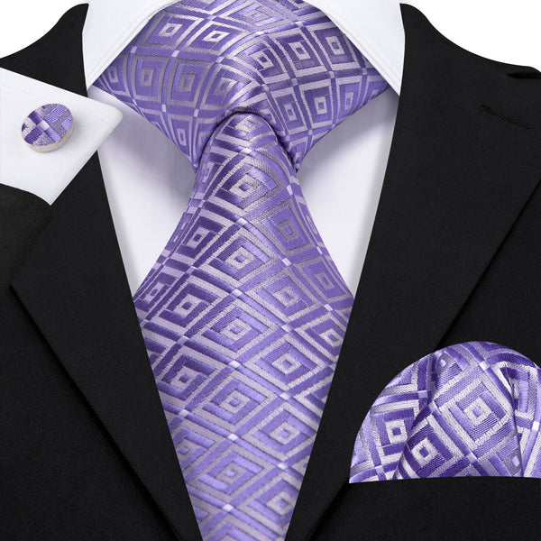 Purple Geometric Men's Necktie Hanky Cufflinks Set