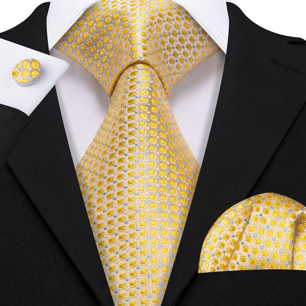 Ties2you Sand Yellow Tie Light Blue Geometric Men's Necktie Pocket Square Cufflinks Set