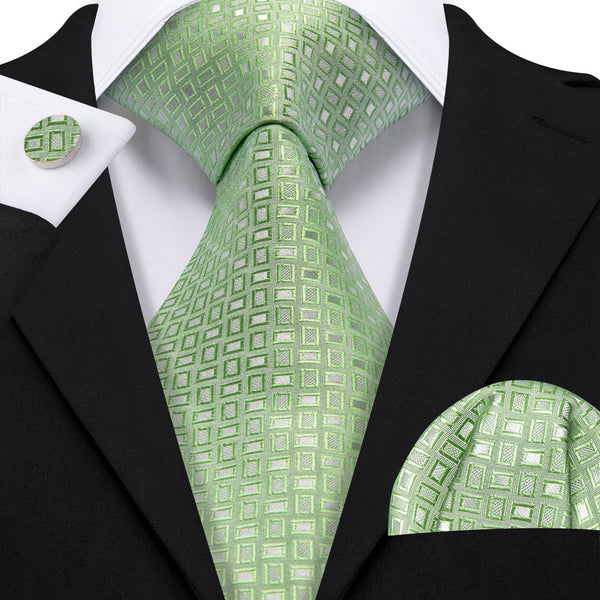DarkSeaGreen Square Geometric Men's Necktie Pocket Square Cufflinks Set