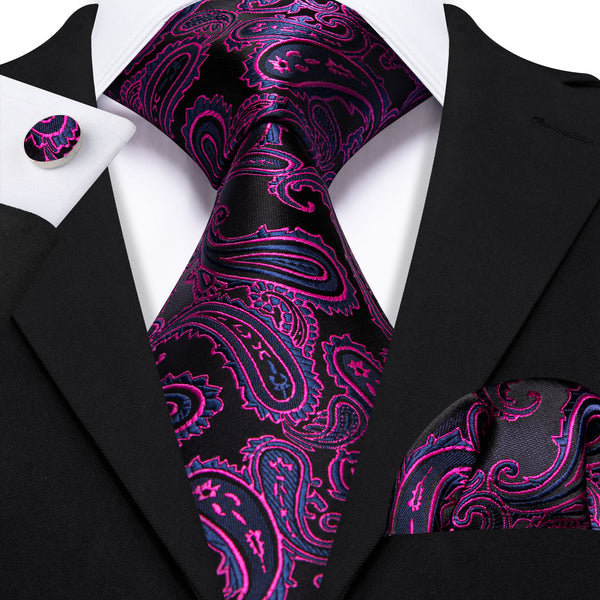 Black Fuchsia Paisley Luxury Men's Necktie Pocket Square Cufflinks Set