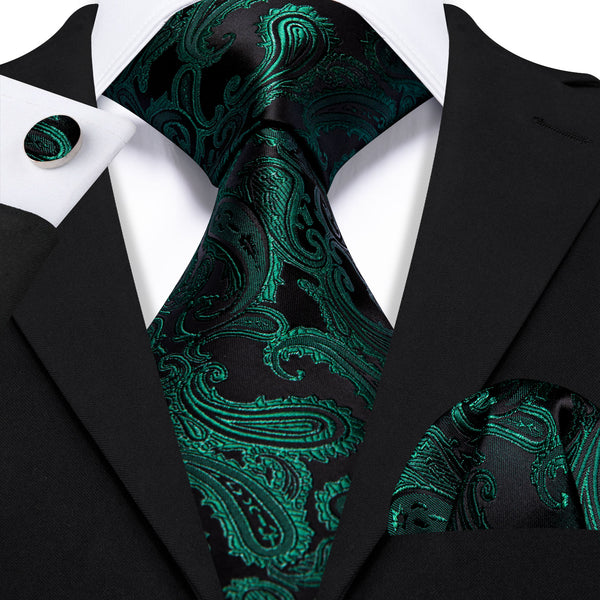 Black Green Paisley Luxury Men's Necktie Pocket Square Cufflinks Set