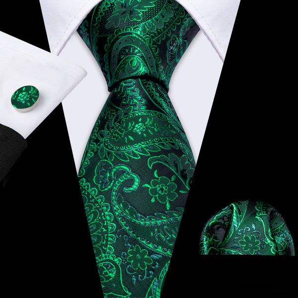 DarkGreen Paisley Men's Necktie Pocket Square Cufflinks Set